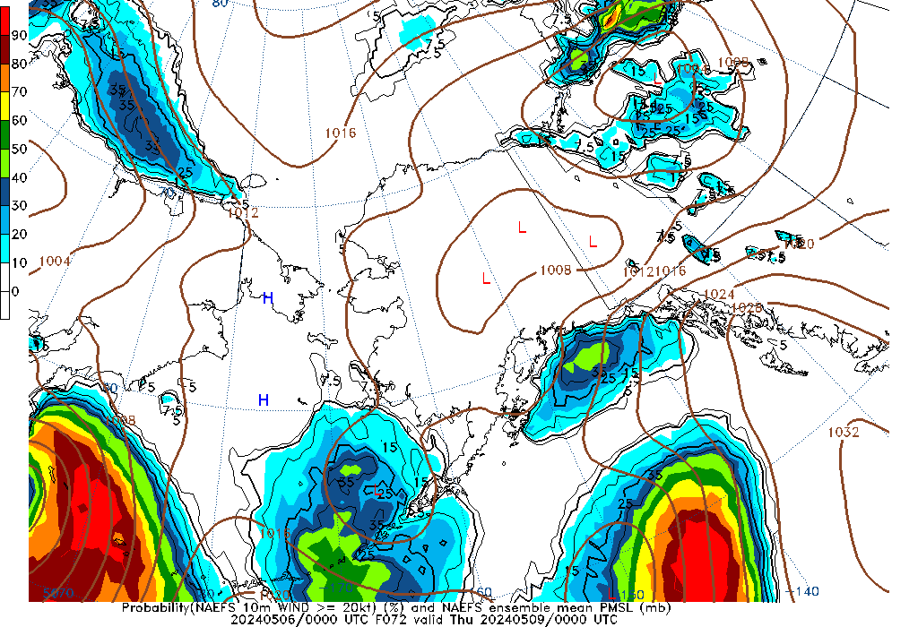 NAEFS 072 Hour Prob 10m Wind >= 20kt image