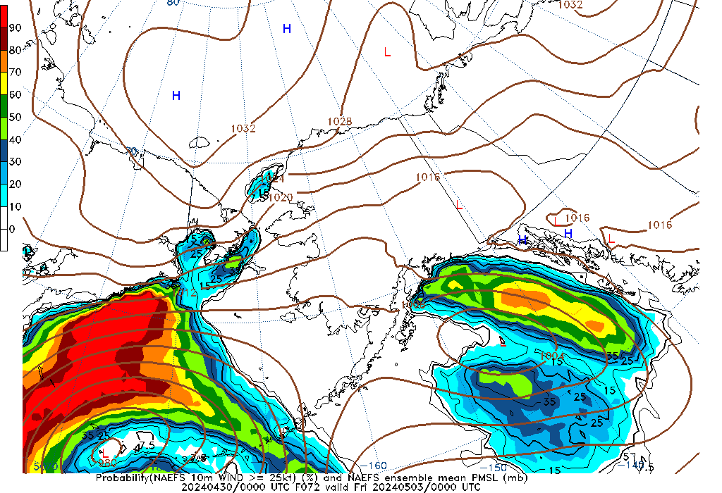 NAEFS 072 Hour Prob 10m Wind >= 25kt image