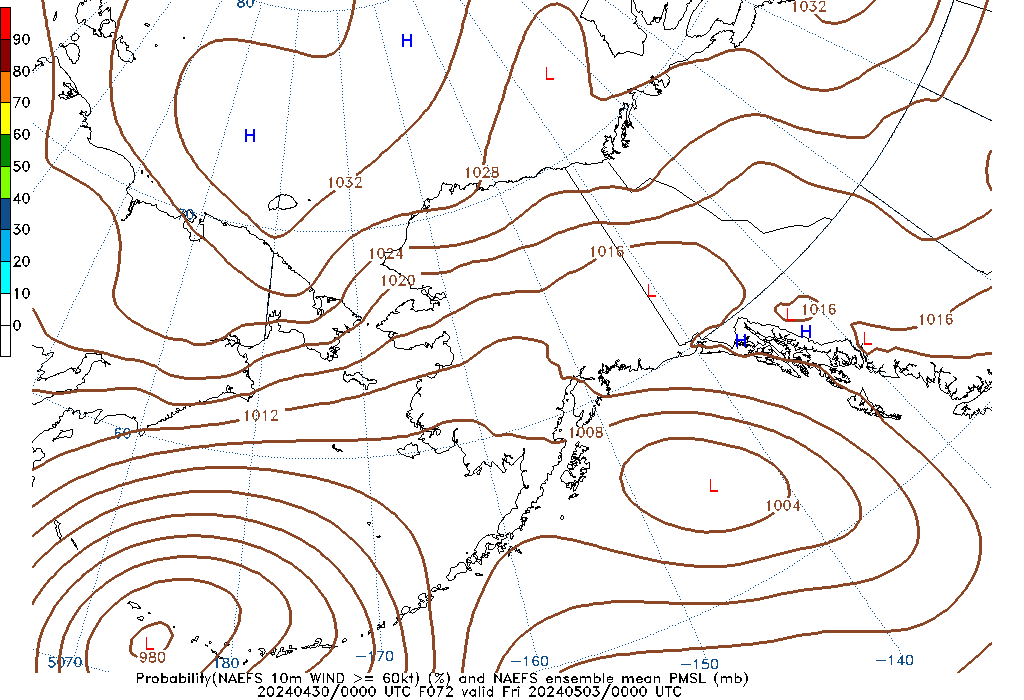 NAEFS 072 Hour Prob 10m Wind >= 60kt image