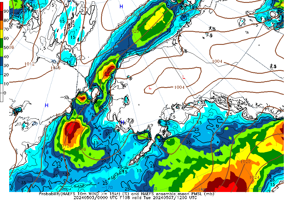 NAEFS 108 Hour Prob 10m Wind >= 15kt image