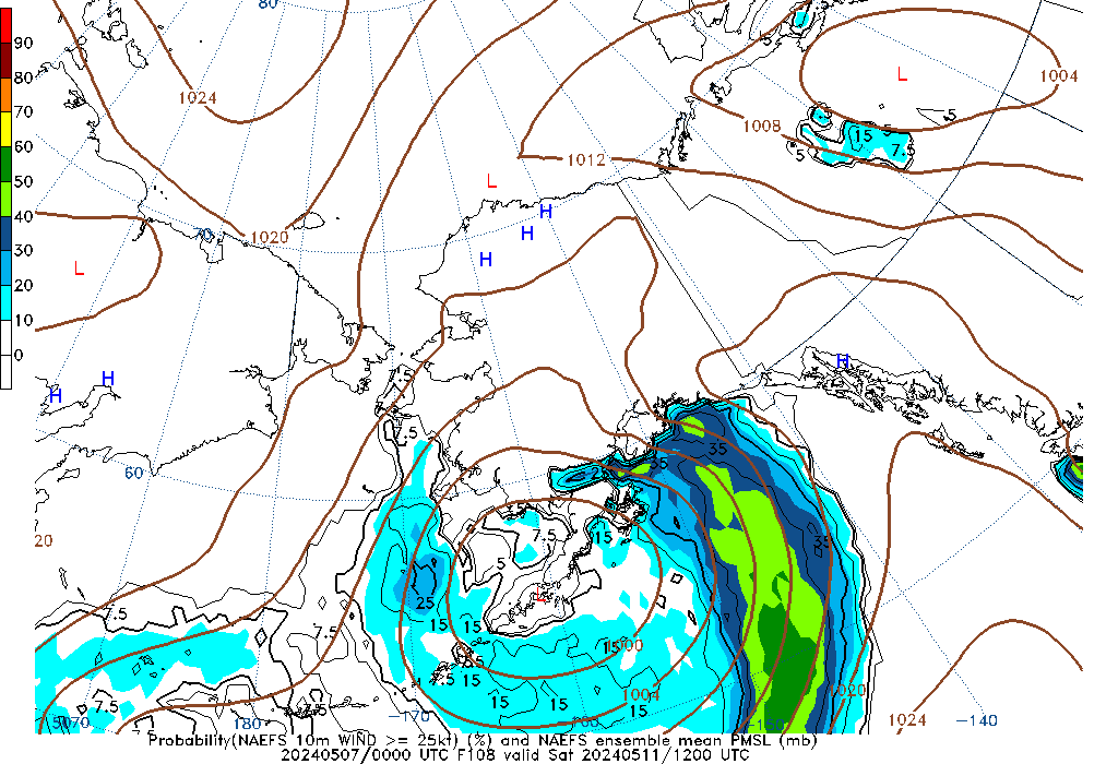 NAEFS 108 Hour Prob 10m Wind >= 25kt image