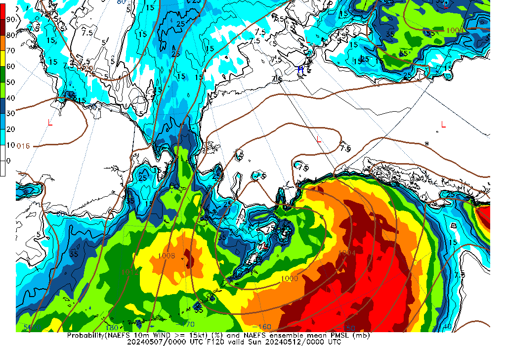 NAEFS 120 Hour Prob 10m Wind >= 15kt image