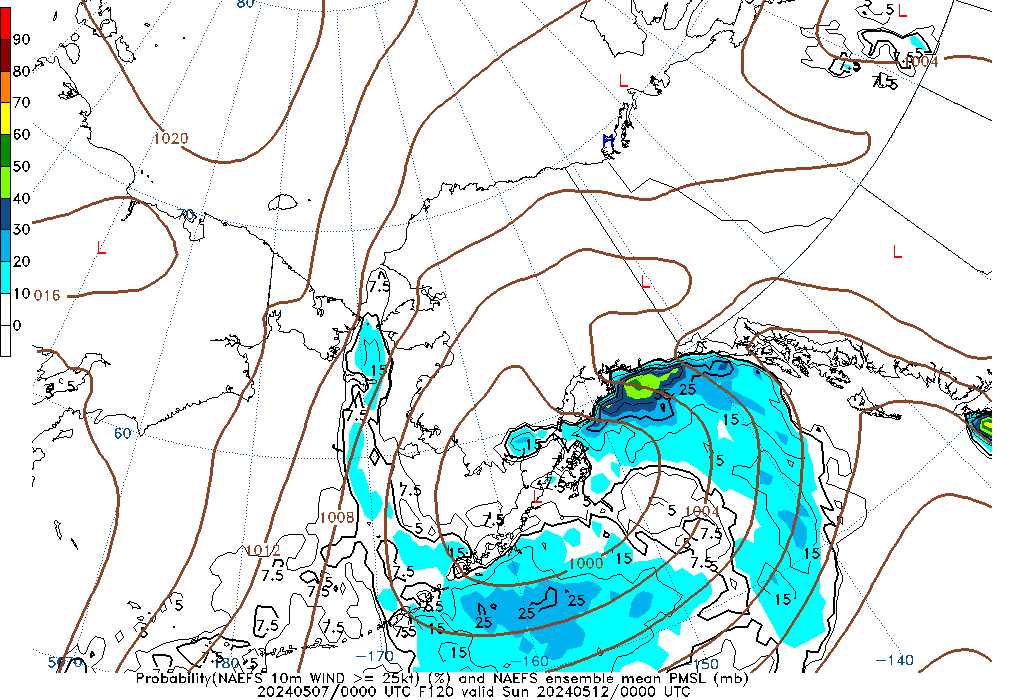 NAEFS 120 Hour Prob 10m Wind >= 25kt image