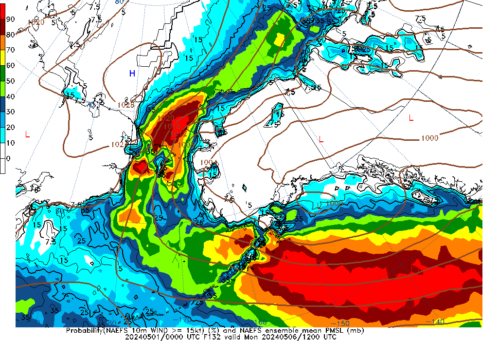 NAEFS 132 Hour Prob 10m Wind >= 15kt image