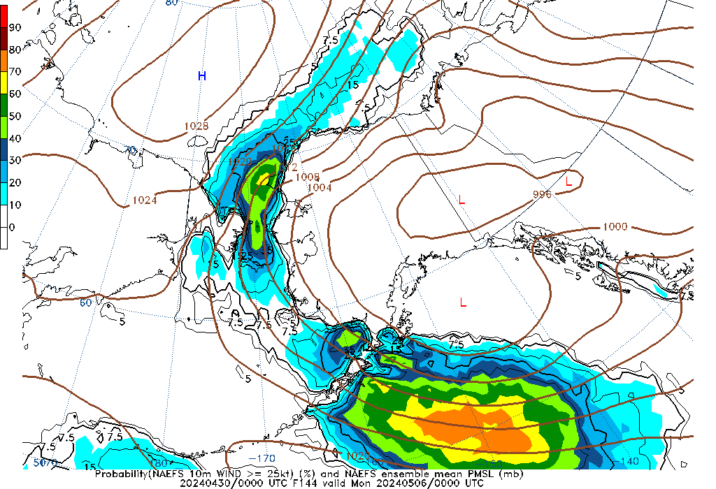 NAEFS 144 Hour Prob 10m Wind >= 25kt image