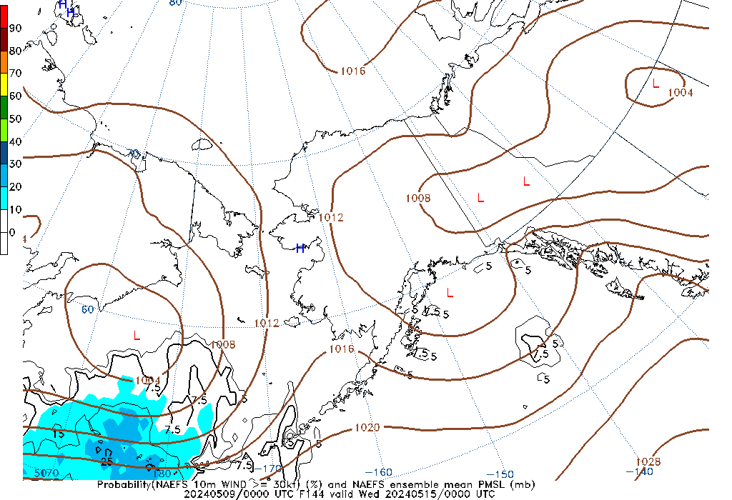 NAEFS 144 Hour Prob 10m Wind >= 30kt image