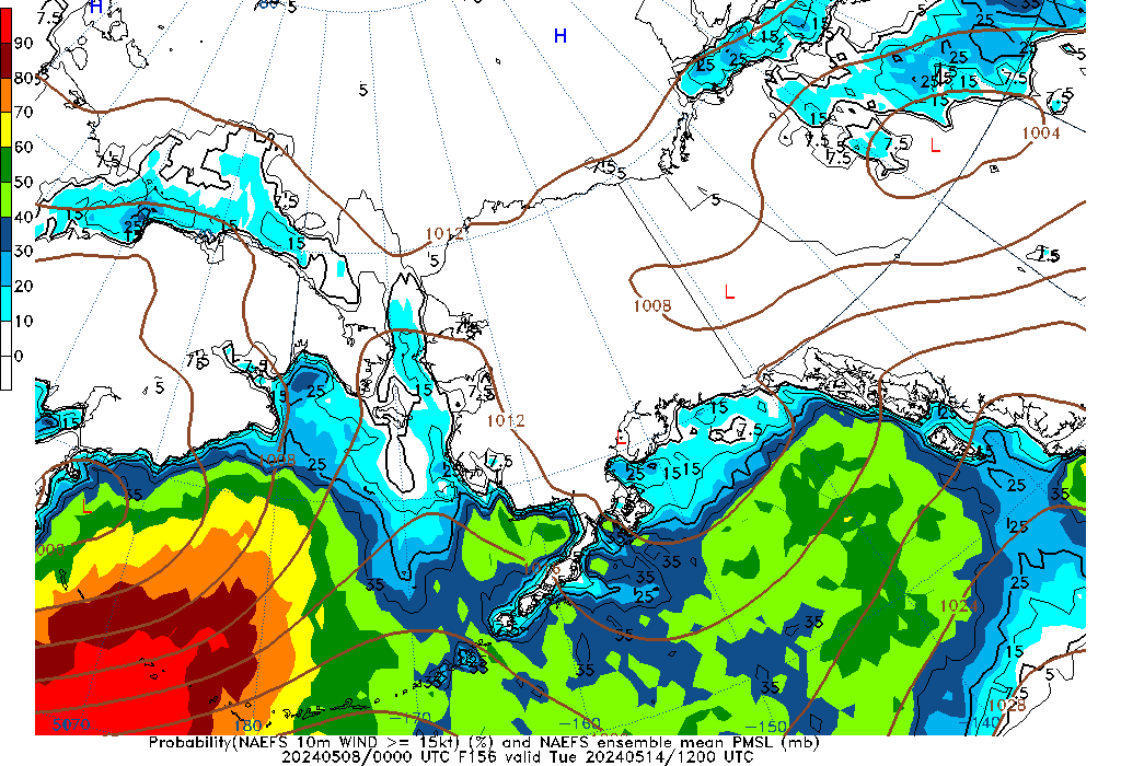 NAEFS 156 Hour Prob 10m Wind >= 15kt image
