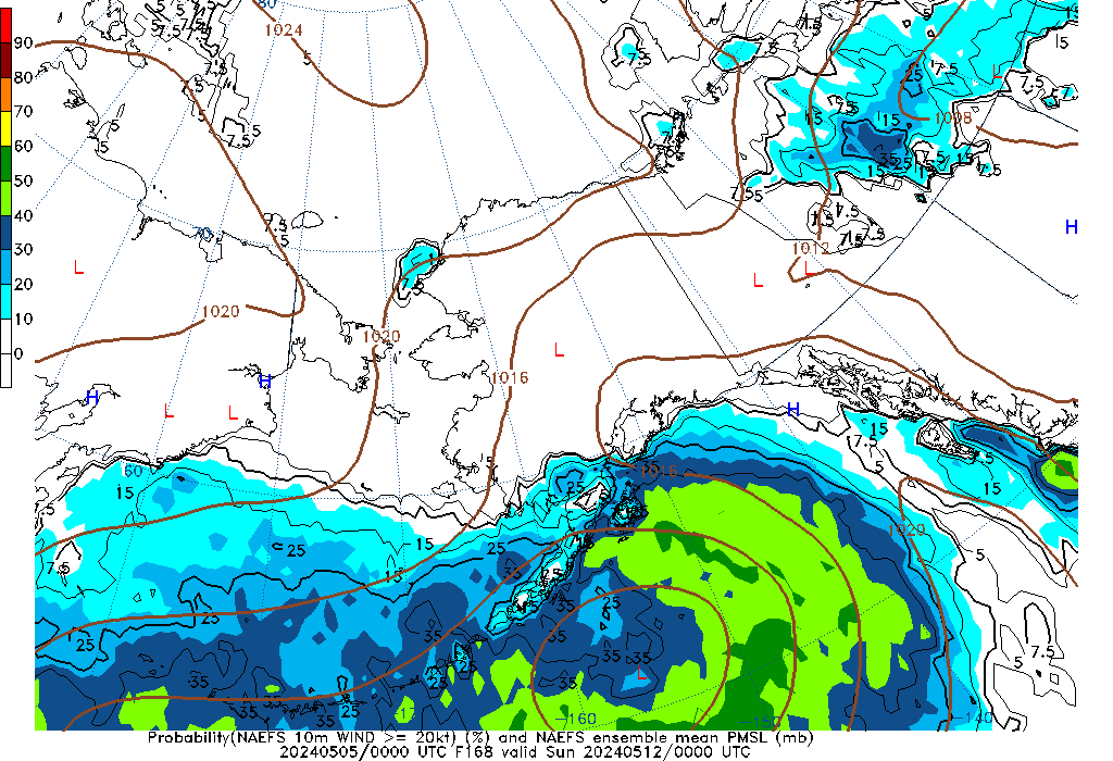 NAEFS 168 Hour Prob 10m Wind >= 20kt image