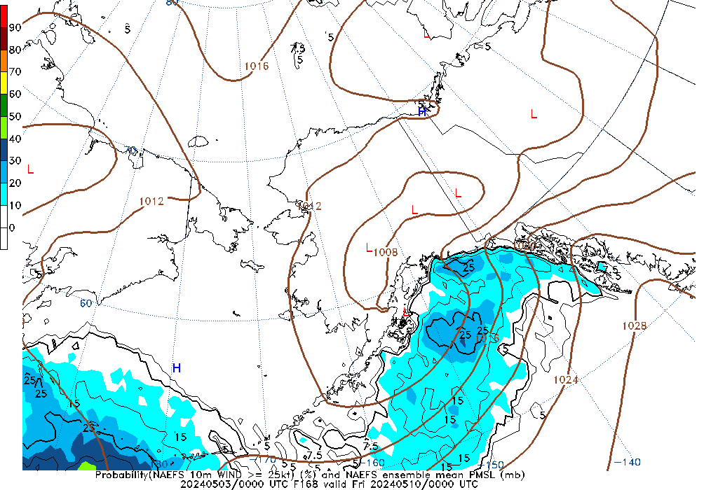 NAEFS 168 Hour Prob 10m Wind >= 25kt image