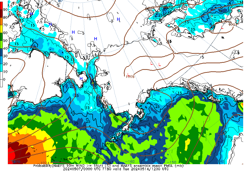 NAEFS 180 Hour Prob 10m Wind >= 15kt image
