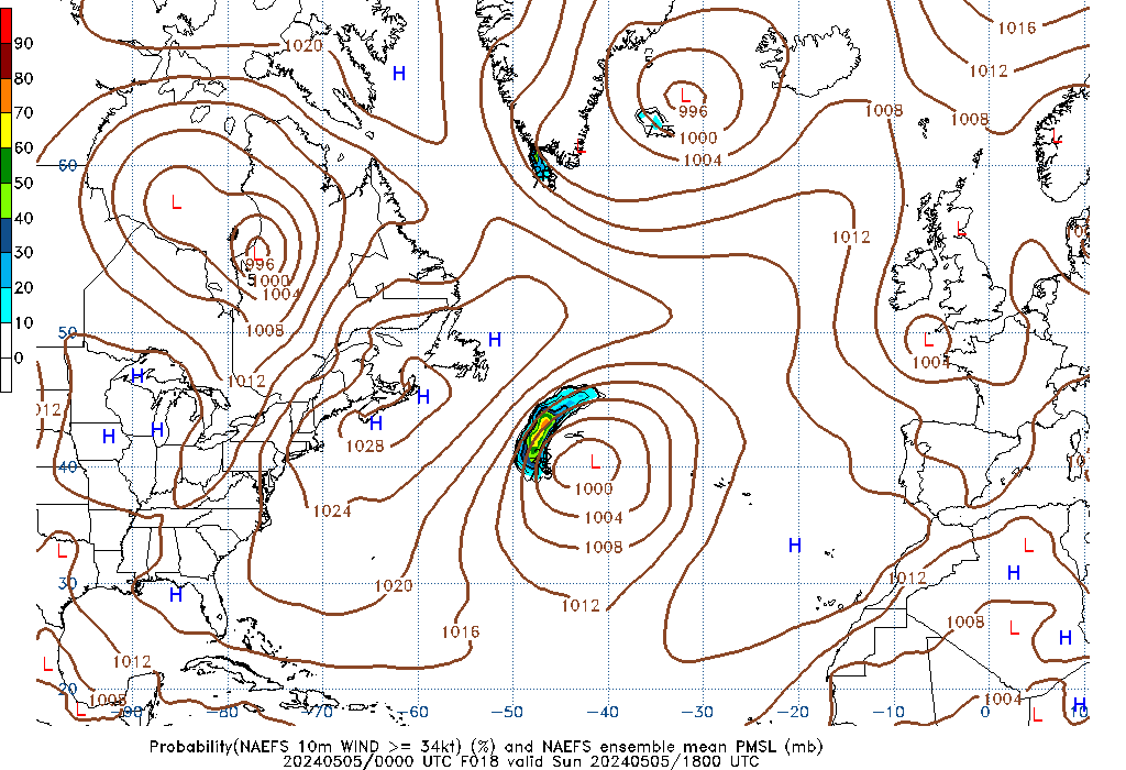 NAEFS 018 Hour Prob 10m Wind >= 34kt image