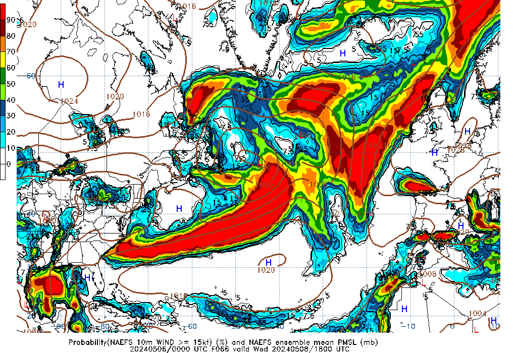 NAEFS 066 Hour Prob 10m Wind >= 15kt image