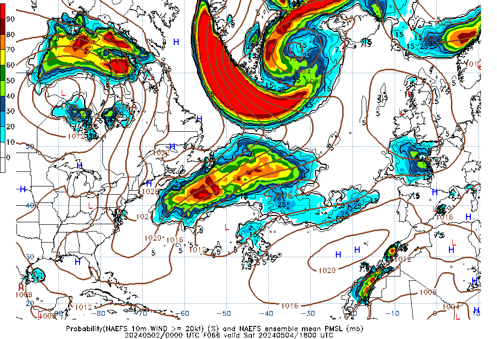 NAEFS 066 Hour Prob 10m Wind >= 20kt image