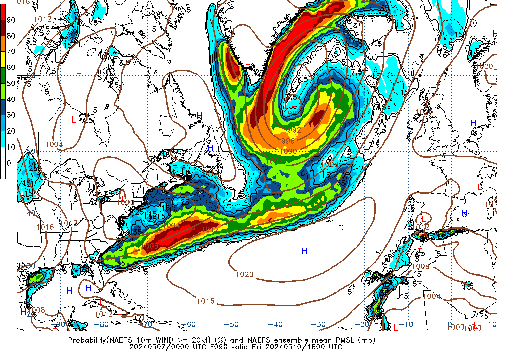 NAEFS 090 Hour Prob 10m Wind >= 20kt image