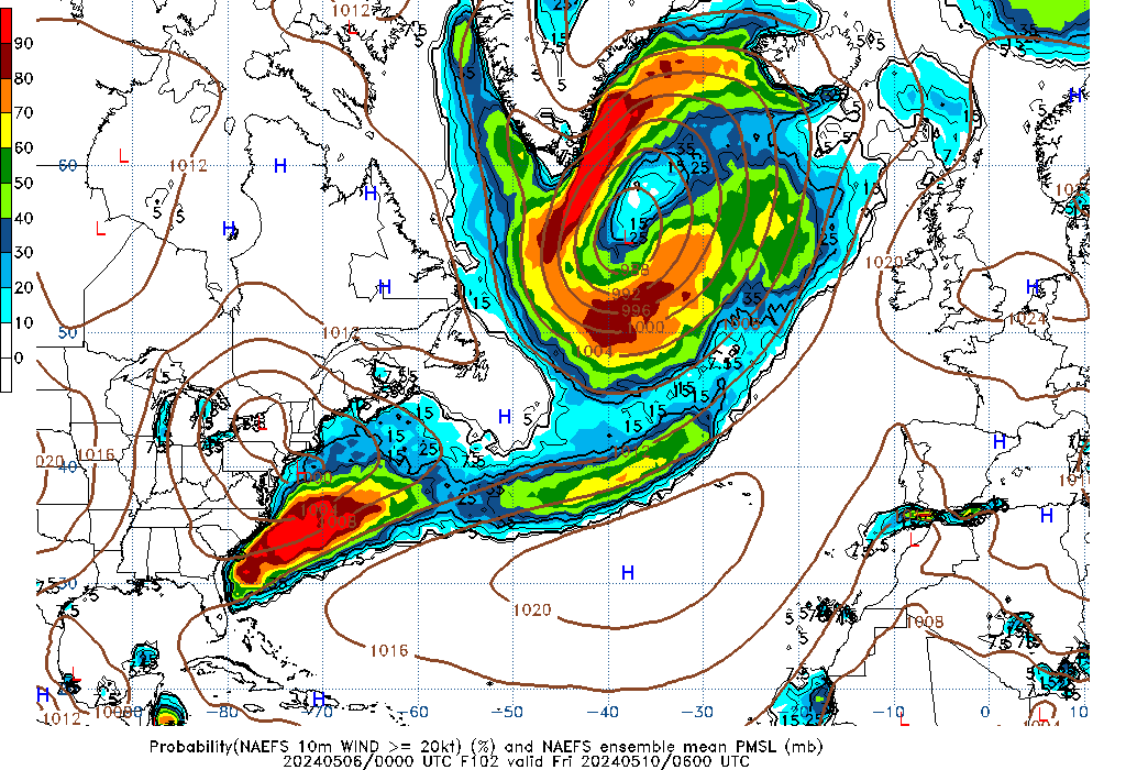 NAEFS 102 Hour Prob 10m Wind >= 20kt image