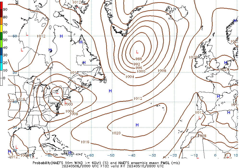 NAEFS 102 Hour Prob 10m Wind >= 60kt image