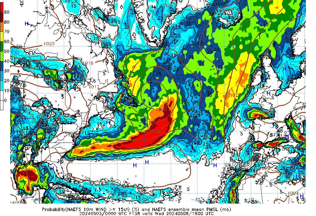 NAEFS 138 Hour Prob 10m Wind >= 15kt image