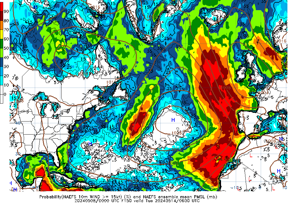 NAEFS 150 Hour Prob 10m Wind >= 15kt image