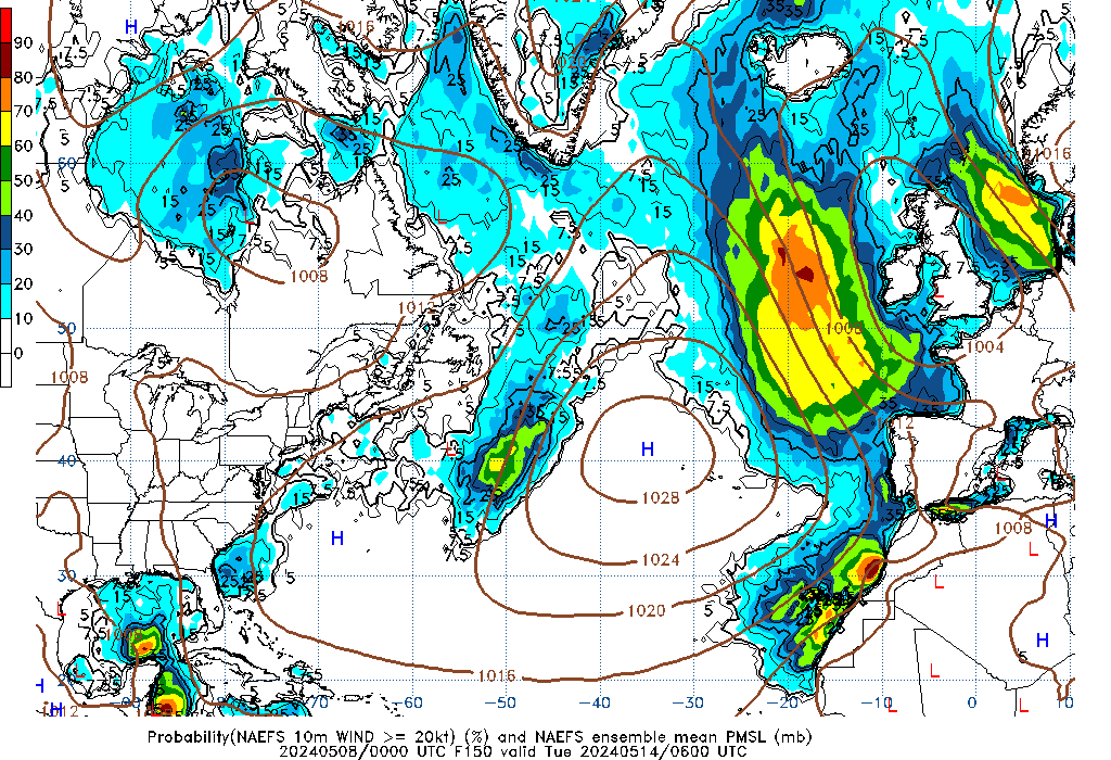 NAEFS 150 Hour Prob 10m Wind >= 20kt image