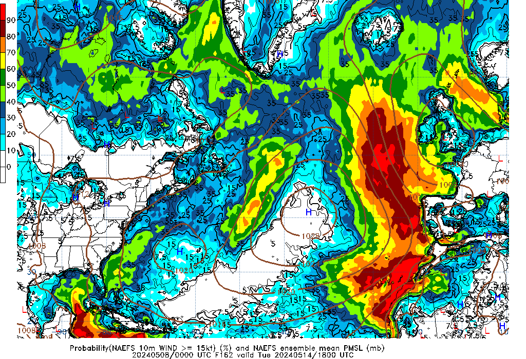 NAEFS 162 Hour Prob 10m Wind >= 15kt image