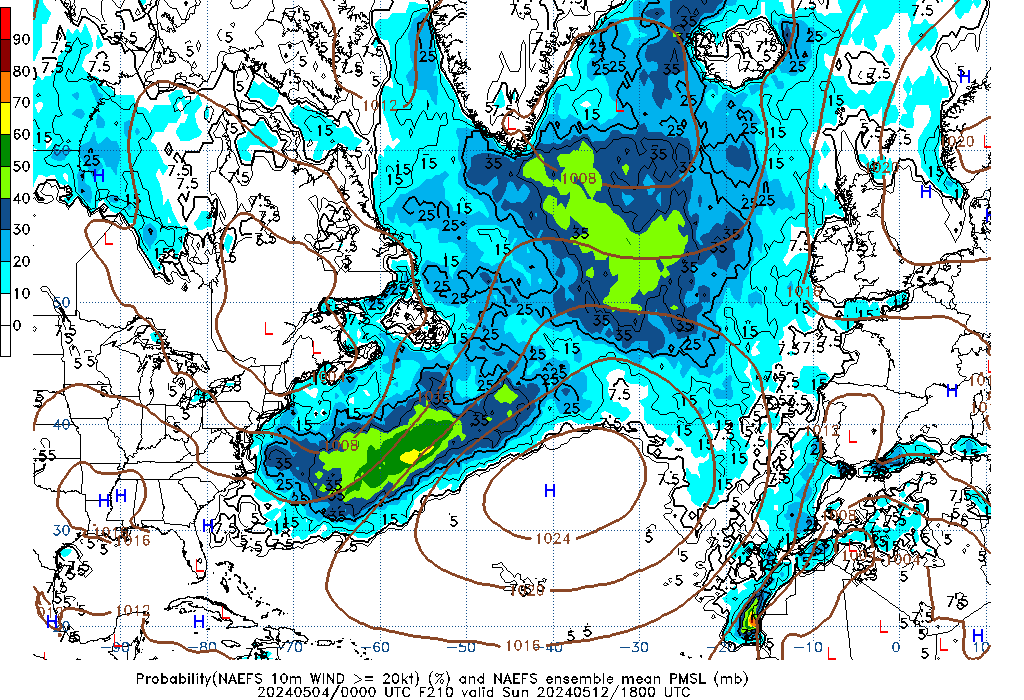 NAEFS 210 Hour Prob 10m Wind >= 20kt image
