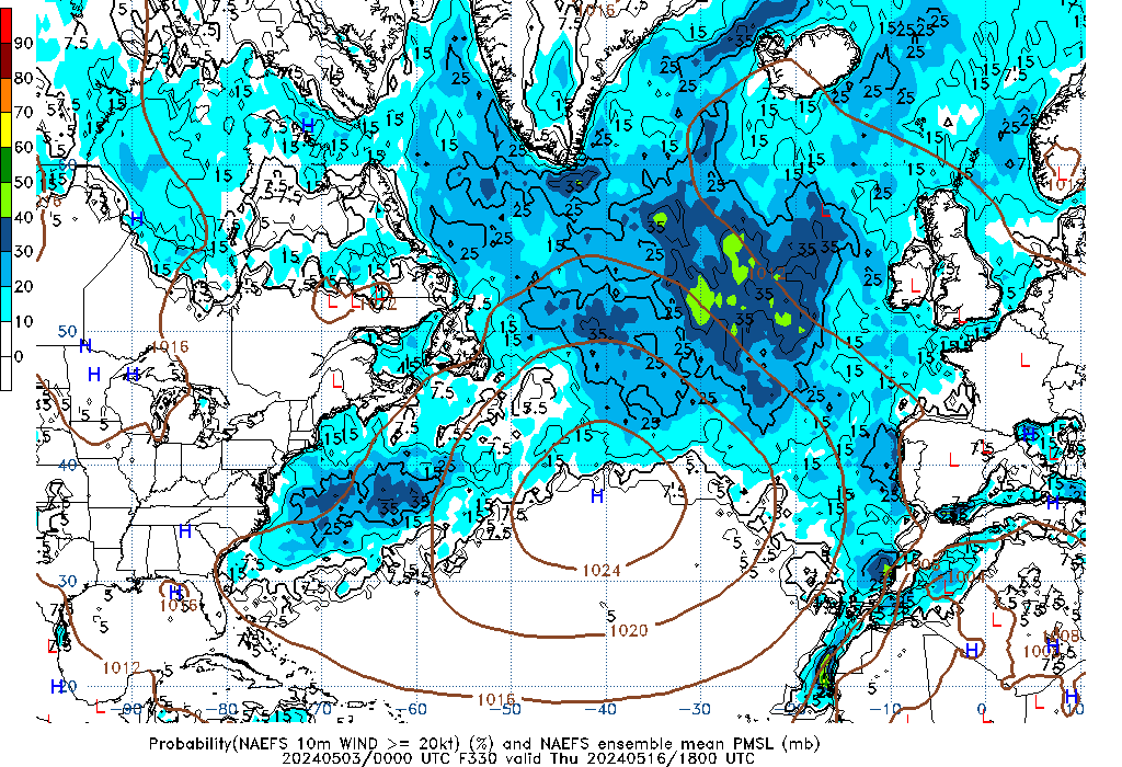 NAEFS 330 Hour Prob 10m Wind >= 20kt image