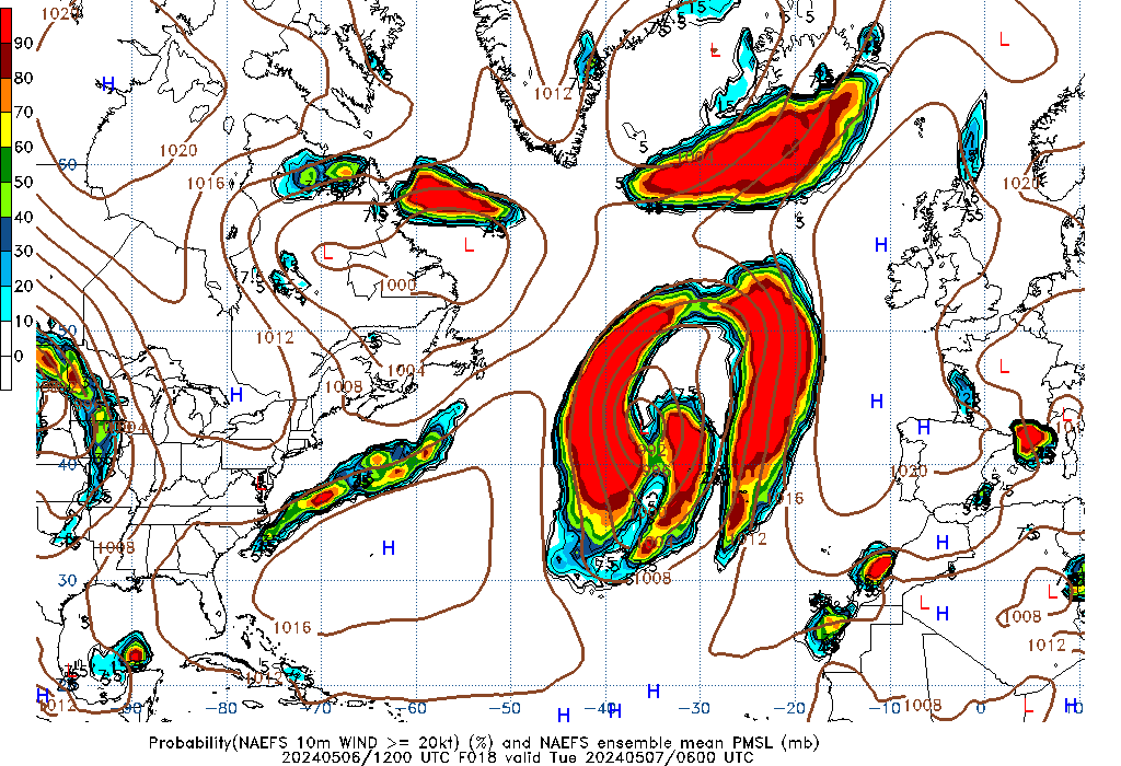 NAEFS 018 Hour Prob 10m Wind >= 20kt image