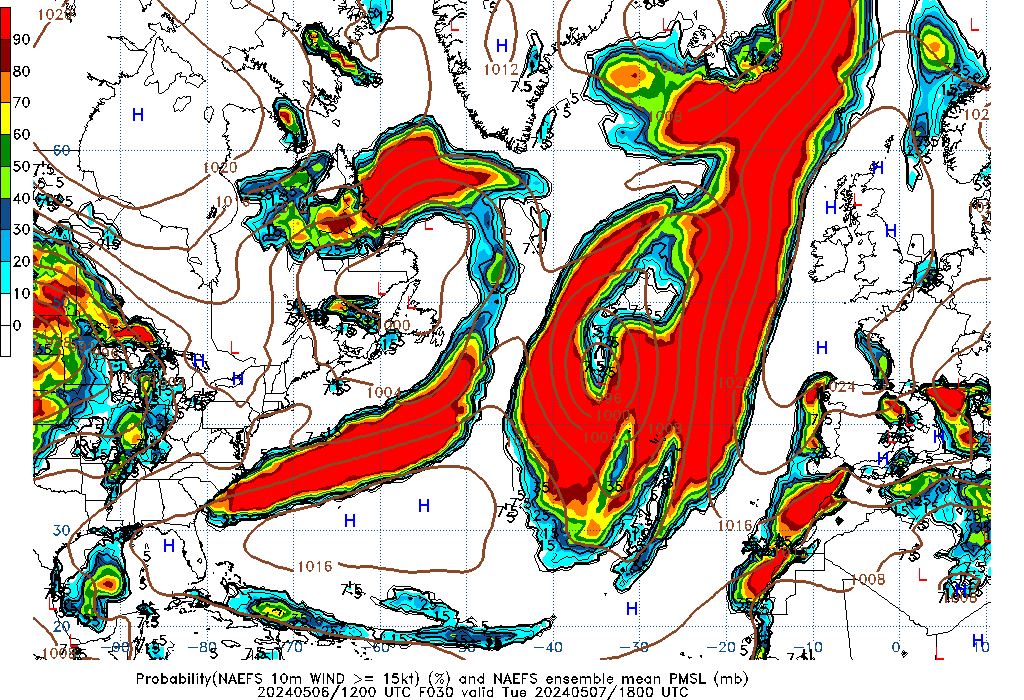 NAEFS 030 Hour Prob 10m Wind >= 15kt image
