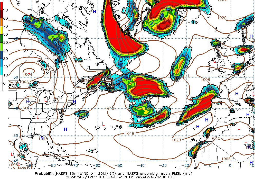 NAEFS 030 Hour Prob 10m Wind >= 20kt image