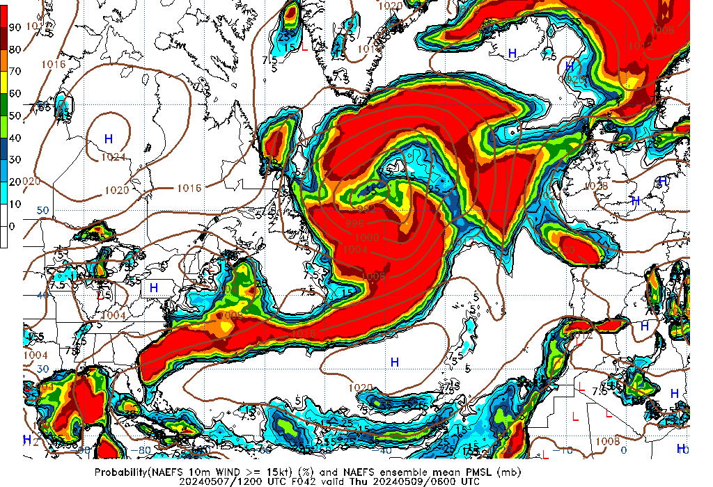 NAEFS 042 Hour Prob 10m Wind >= 15kt image