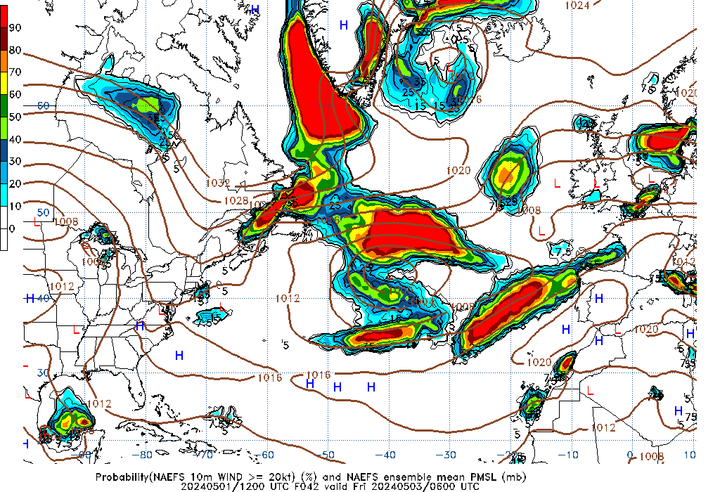 NAEFS 042 Hour Prob 10m Wind >= 20kt image