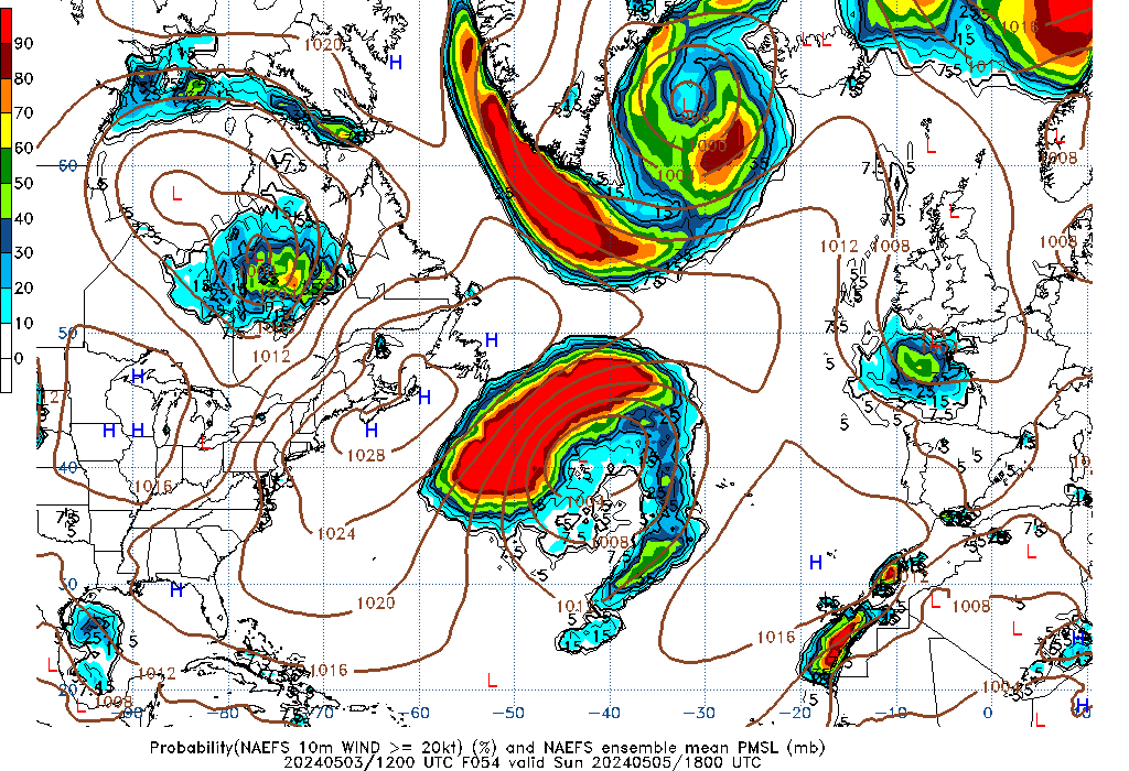 NAEFS 054 Hour Prob 10m Wind >= 20kt image