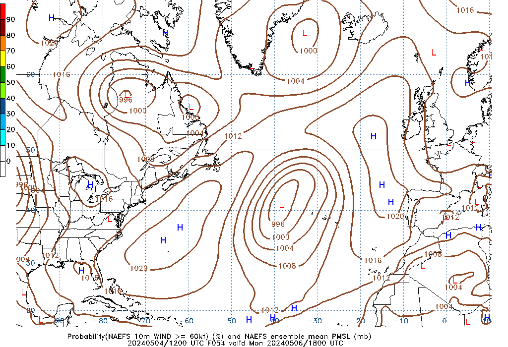NAEFS 054 Hour Prob 10m Wind >= 60kt image