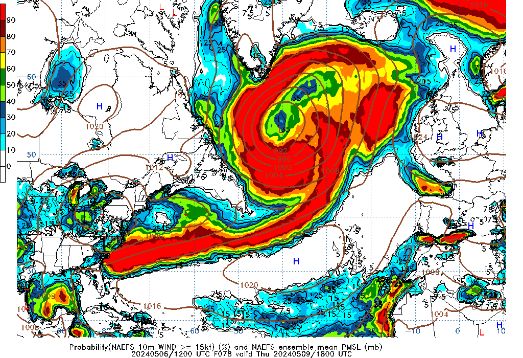 NAEFS 078 Hour Prob 10m Wind >= 15kt image