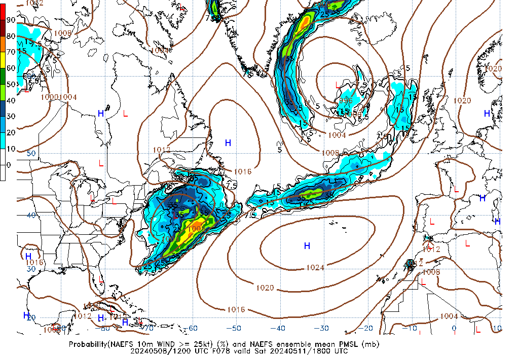 NAEFS 078 Hour Prob 10m Wind >= 25kt image