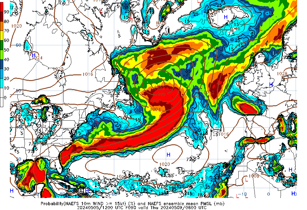 NAEFS 090 Hour Prob 10m Wind >= 15kt image