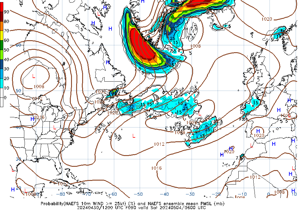 NAEFS 090 Hour Prob 10m Wind >= 25kt image