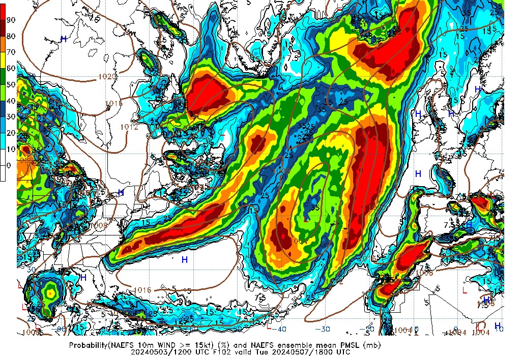 NAEFS 102 Hour Prob 10m Wind >= 15kt image