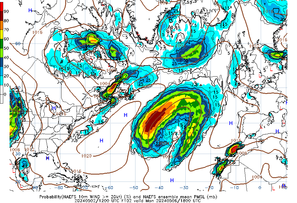 NAEFS 102 Hour Prob 10m Wind >= 20kt image
