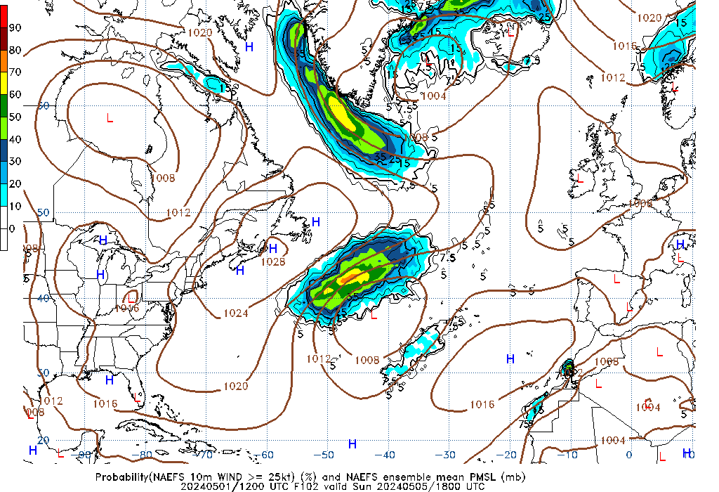 NAEFS 102 Hour Prob 10m Wind >= 25kt image