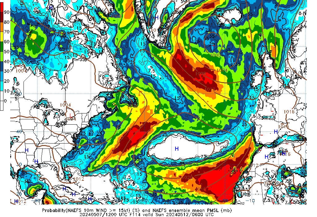 NAEFS 114 Hour Prob 10m Wind >= 15kt image