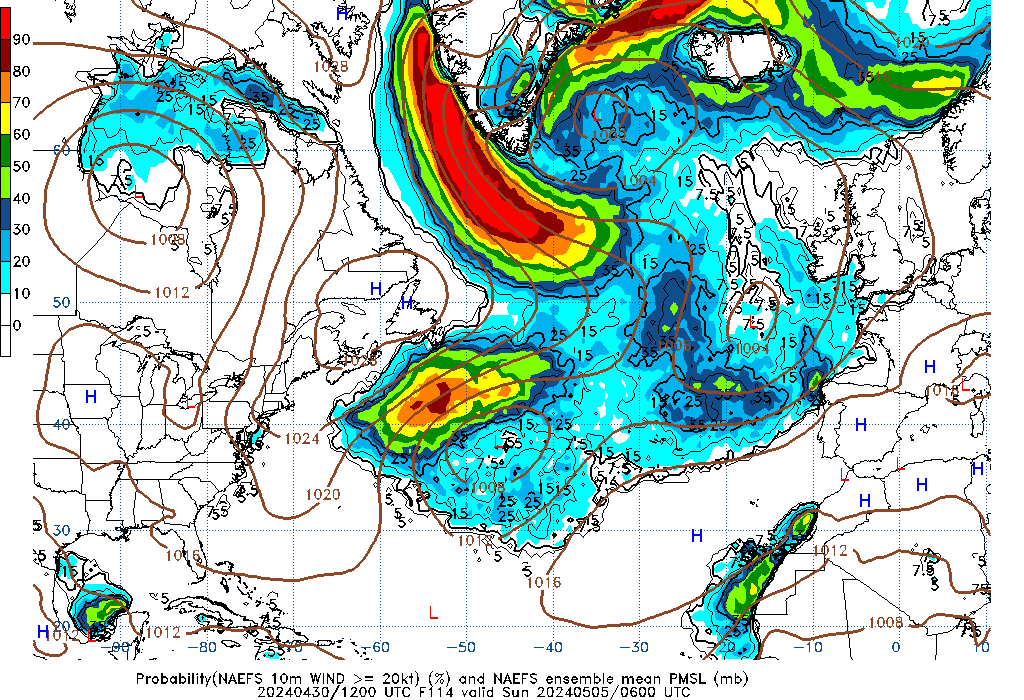 NAEFS 114 Hour Prob 10m Wind >= 20kt image
