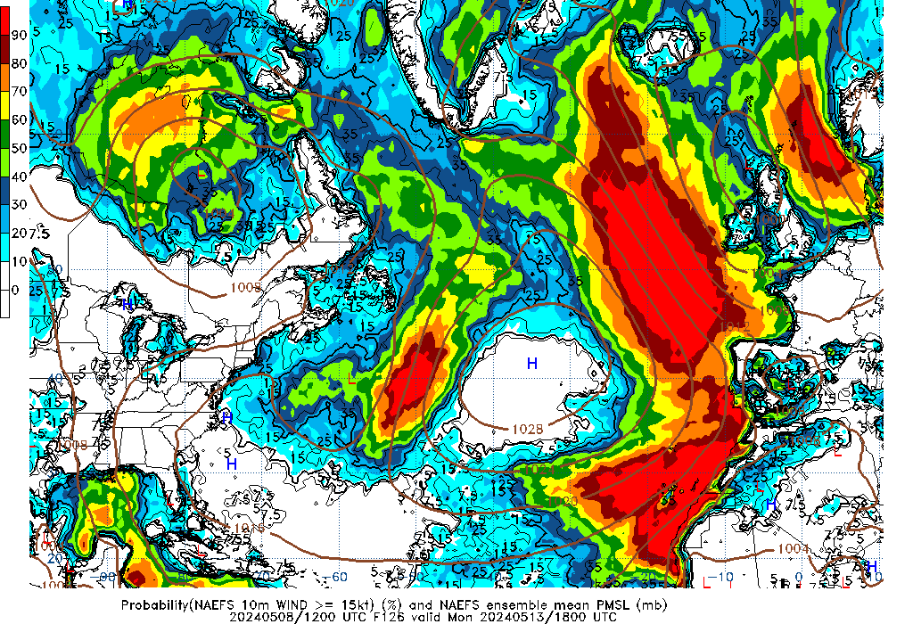 NAEFS 126 Hour Prob 10m Wind >= 15kt image