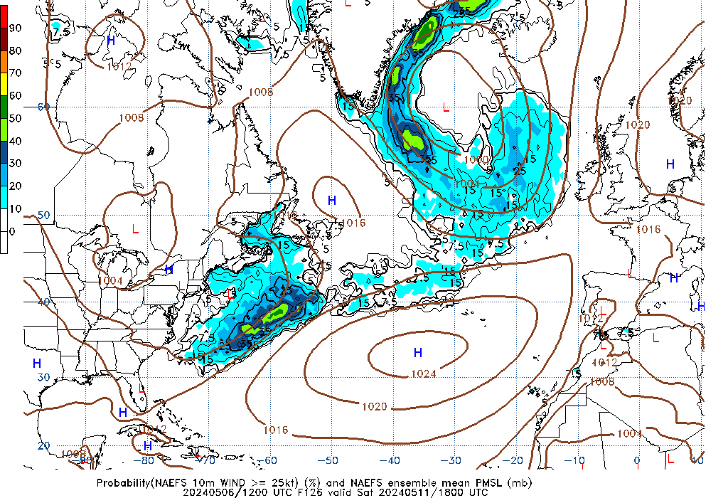 NAEFS 126 Hour Prob 10m Wind >= 25kt image