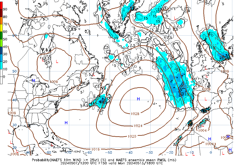 NAEFS 150 Hour Prob 10m Wind >= 25kt image