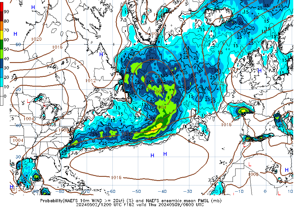 NAEFS 162 Hour Prob 10m Wind >= 20kt image