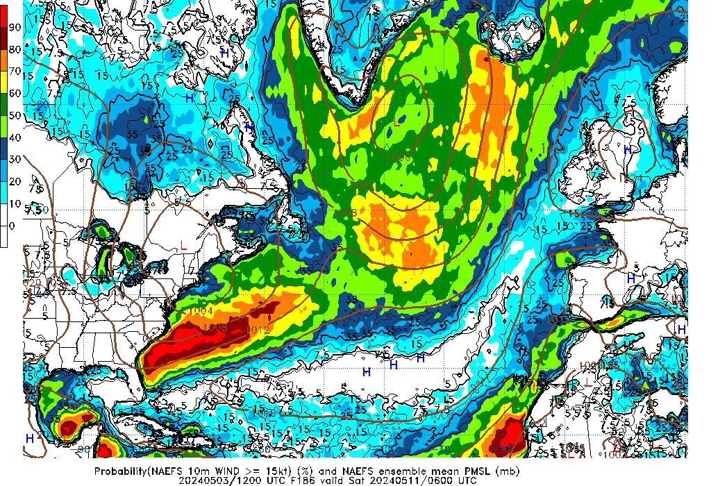NAEFS 186 Hour Prob 10m Wind >= 15kt image