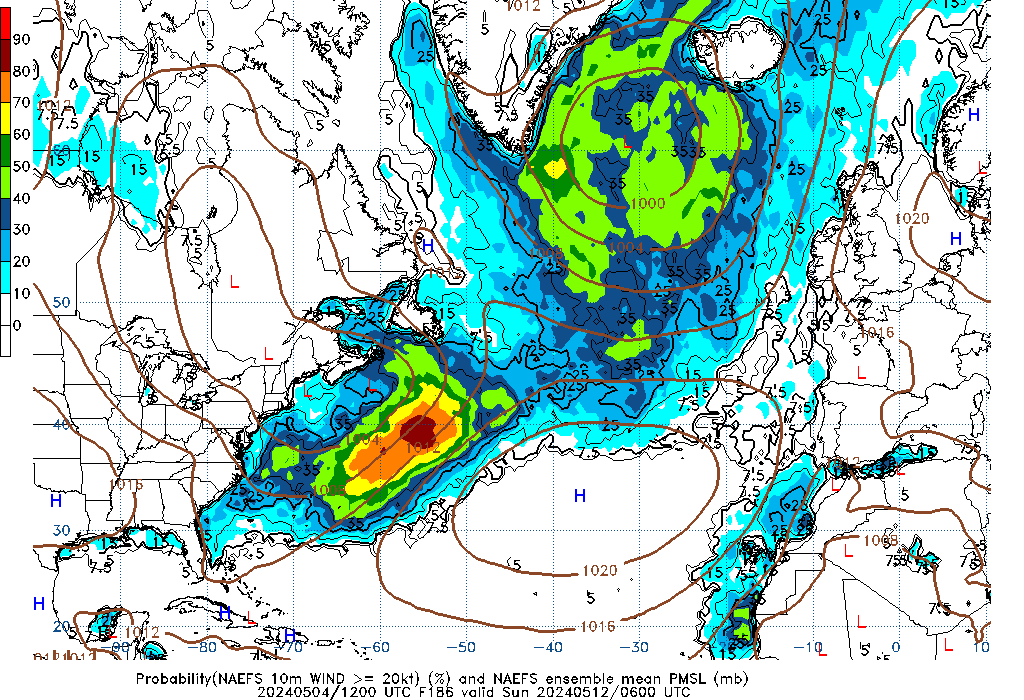 NAEFS 186 Hour Prob 10m Wind >= 20kt image