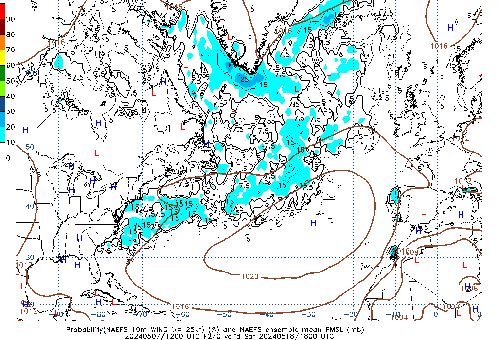 NAEFS 270 Hour Prob 10m Wind >= 25kt image