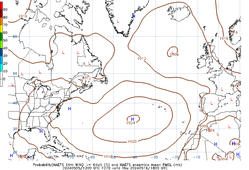 NAEFS 270 Hour Prob 10m Wind >= 64kt image